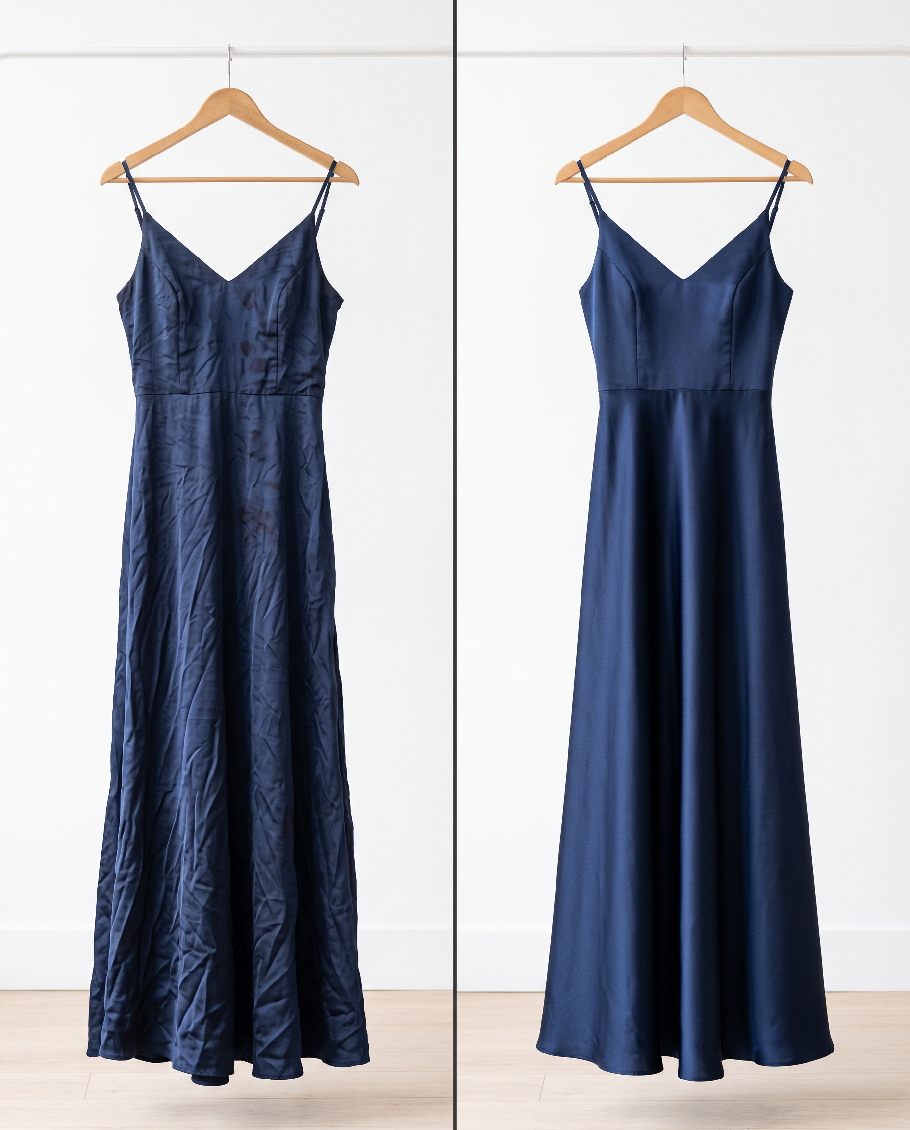 Vestido de festa antes amassado e manchado, depois impecável