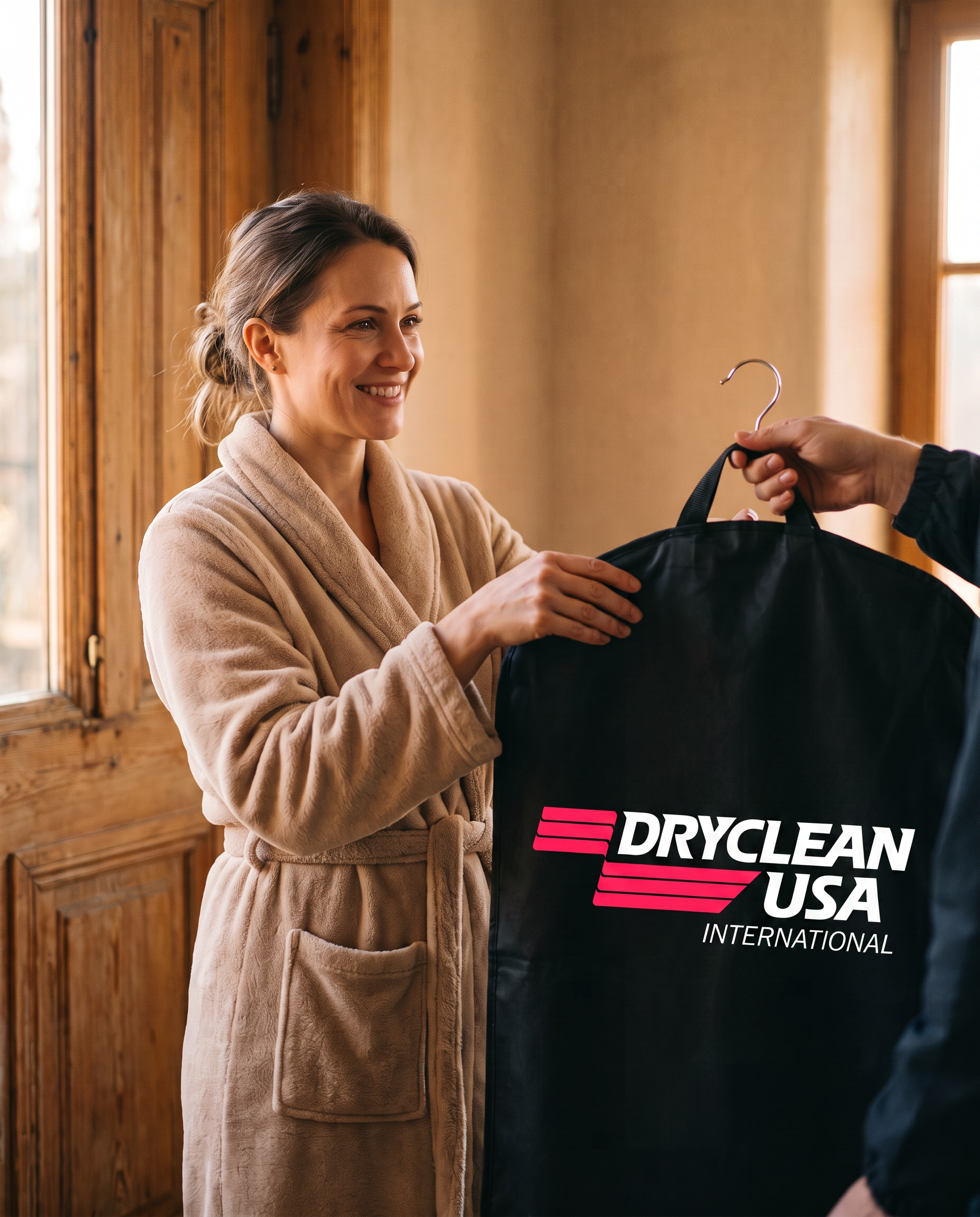 Cliente recebendo em casa a sacola da Dryclean USA